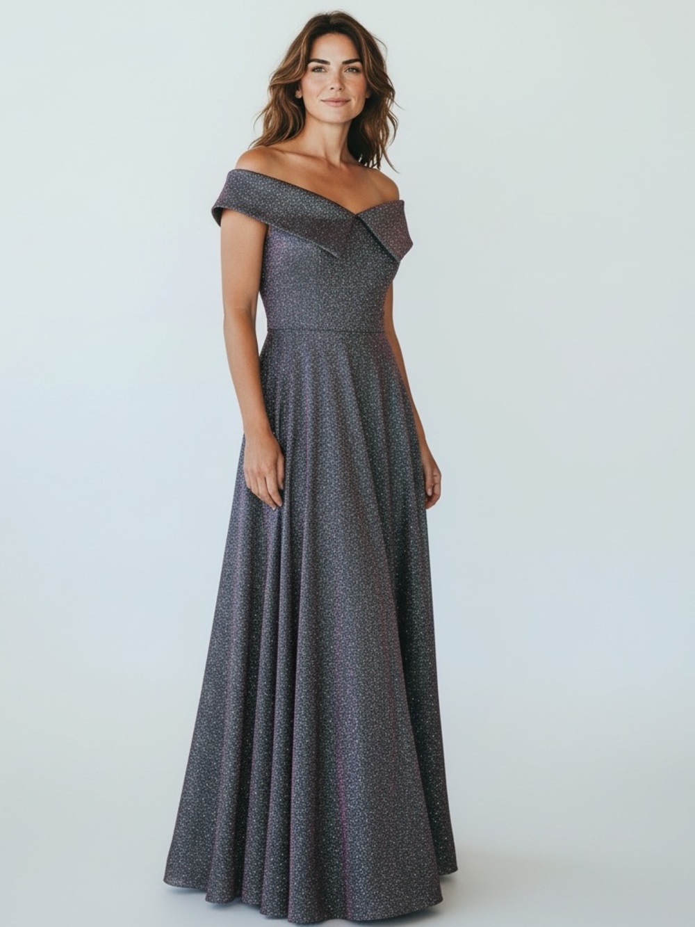 New Elegant XSCAPE Off-Shoulder Glitter Evening Gown in Charcoal Size 2